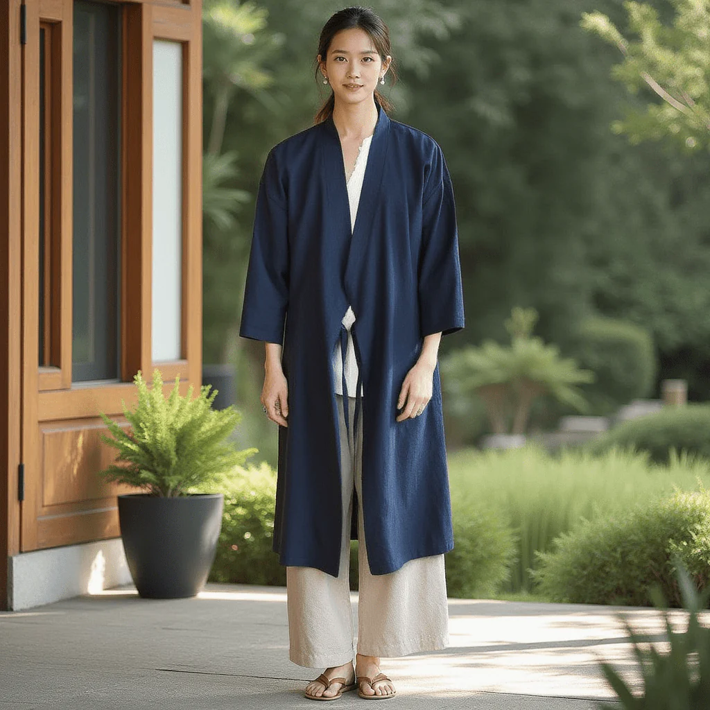 Veste Kimono Traditionnel Bleu - Image 3