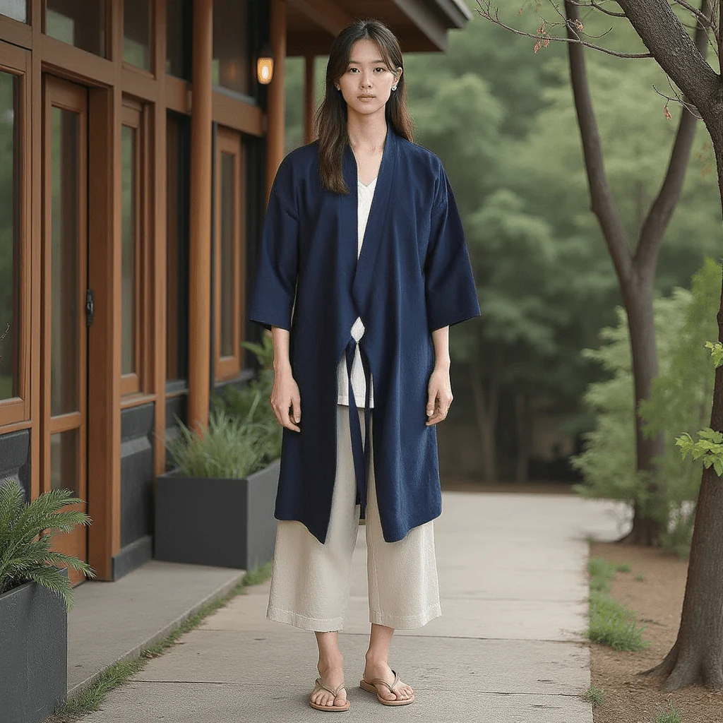 Veste Kimono Traditionnel Bleu - Image 4